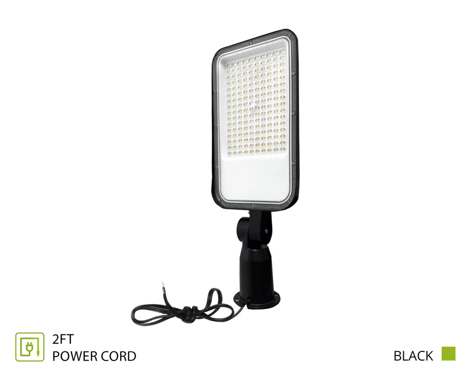 A black rectangular LED floodlight with a mounting bracket and a coiled 2-foot power cord, shown on a white background with text indicating '2FT POWER CORD' and 'BLACK'.
