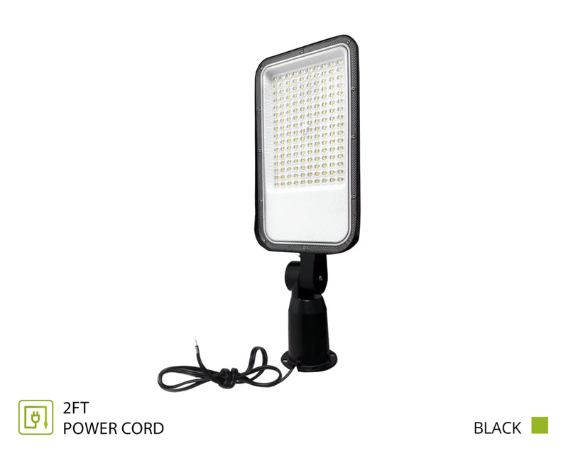 A black rectangular LED floodlight with a mounting bracket and a coiled 2-foot power cord, shown on a white background with text indicating '2FT POWER CORD' and 'BLACK'.
