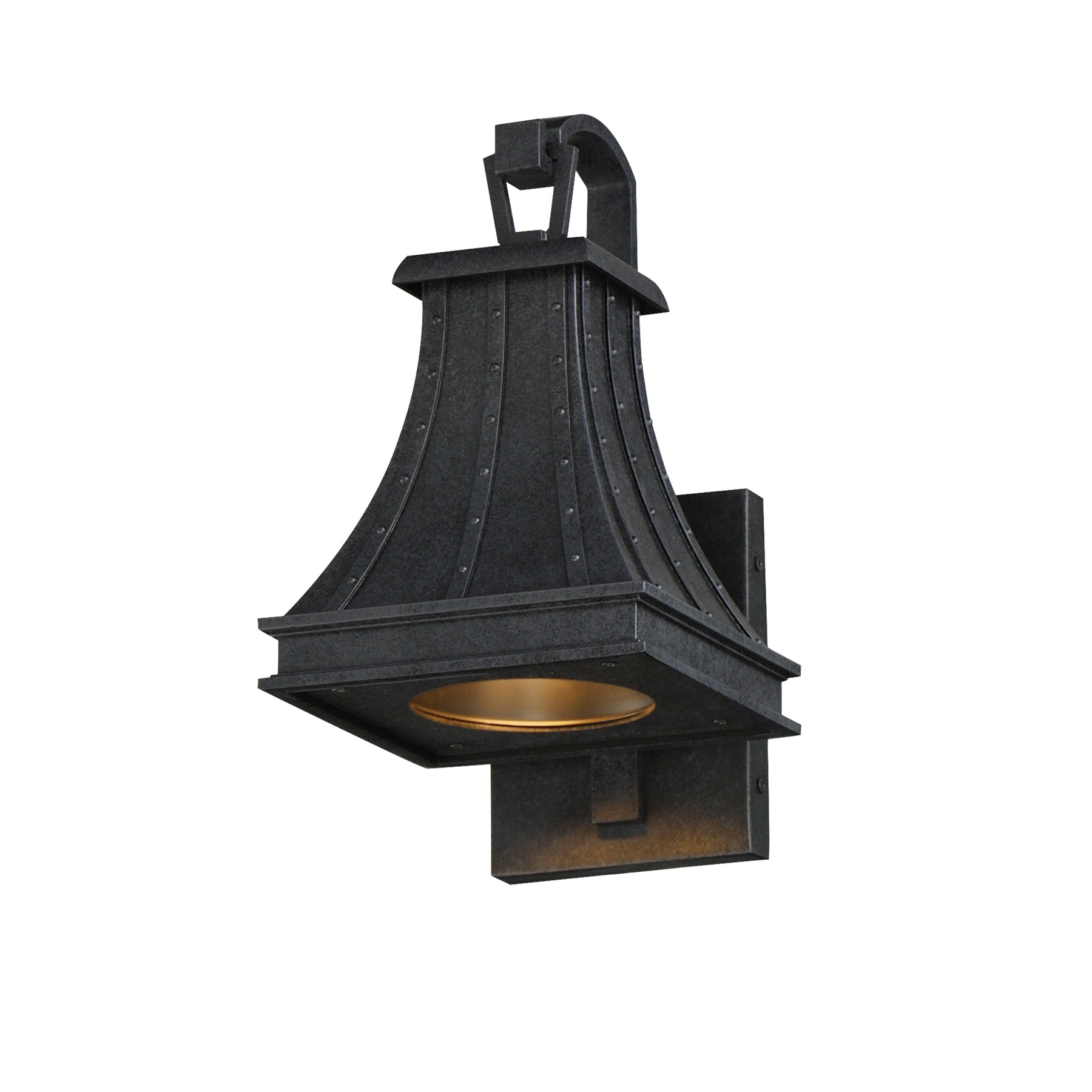 A black metal outdoor wall sconce with a textured finish and a warm gold-toned light bowl, shown against a plain white background.