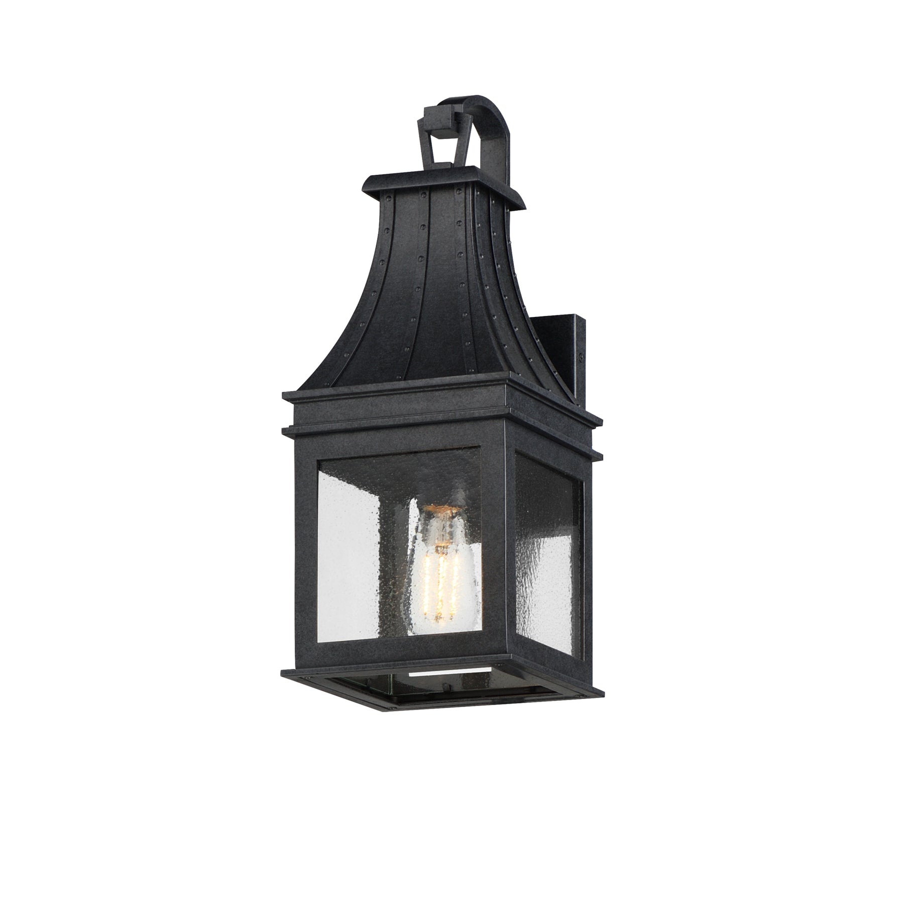 Black outdoor wall lantern with clear glass on a white background