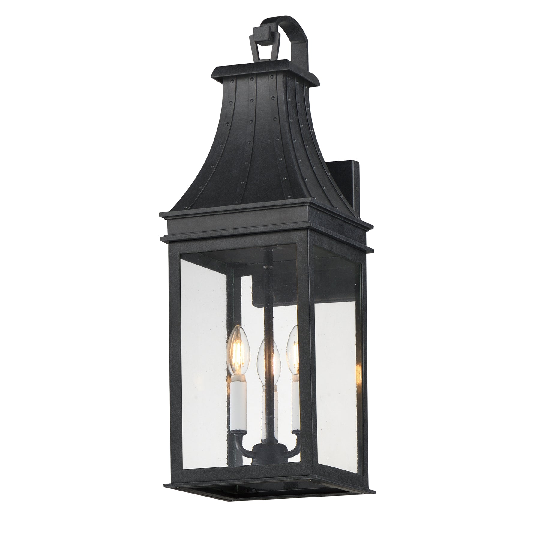 Black outdoor wall lantern with clear glass on a white background