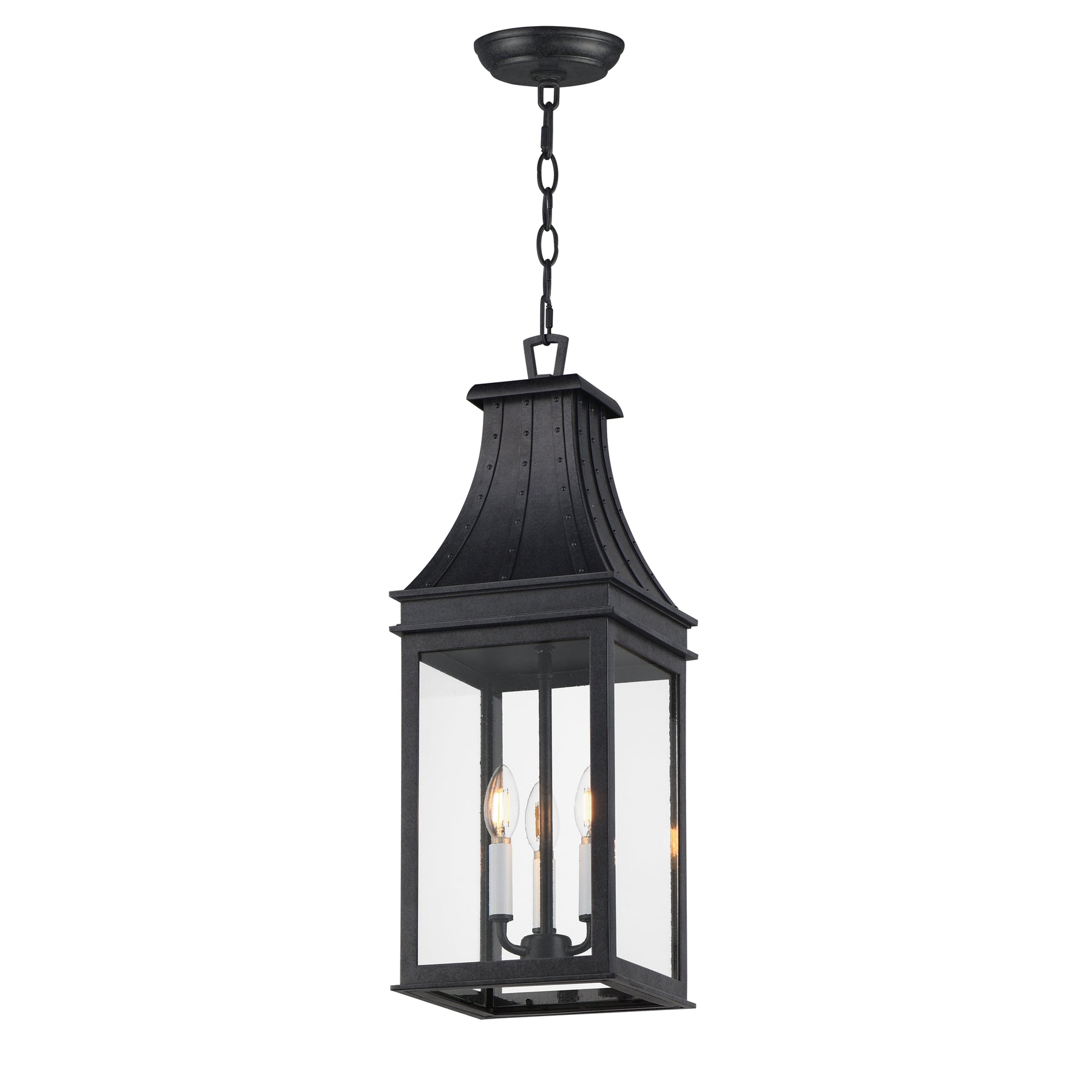 A black lantern-style pendant ceiling light with clear glass panels and three visible candle-style bulbs, suspended by a chain against a plain white background.
