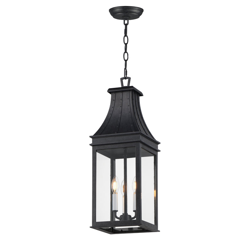 A black lantern-style pendant ceiling light with clear glass panels and three visible candle-style bulbs, suspended by a chain against a plain white background.