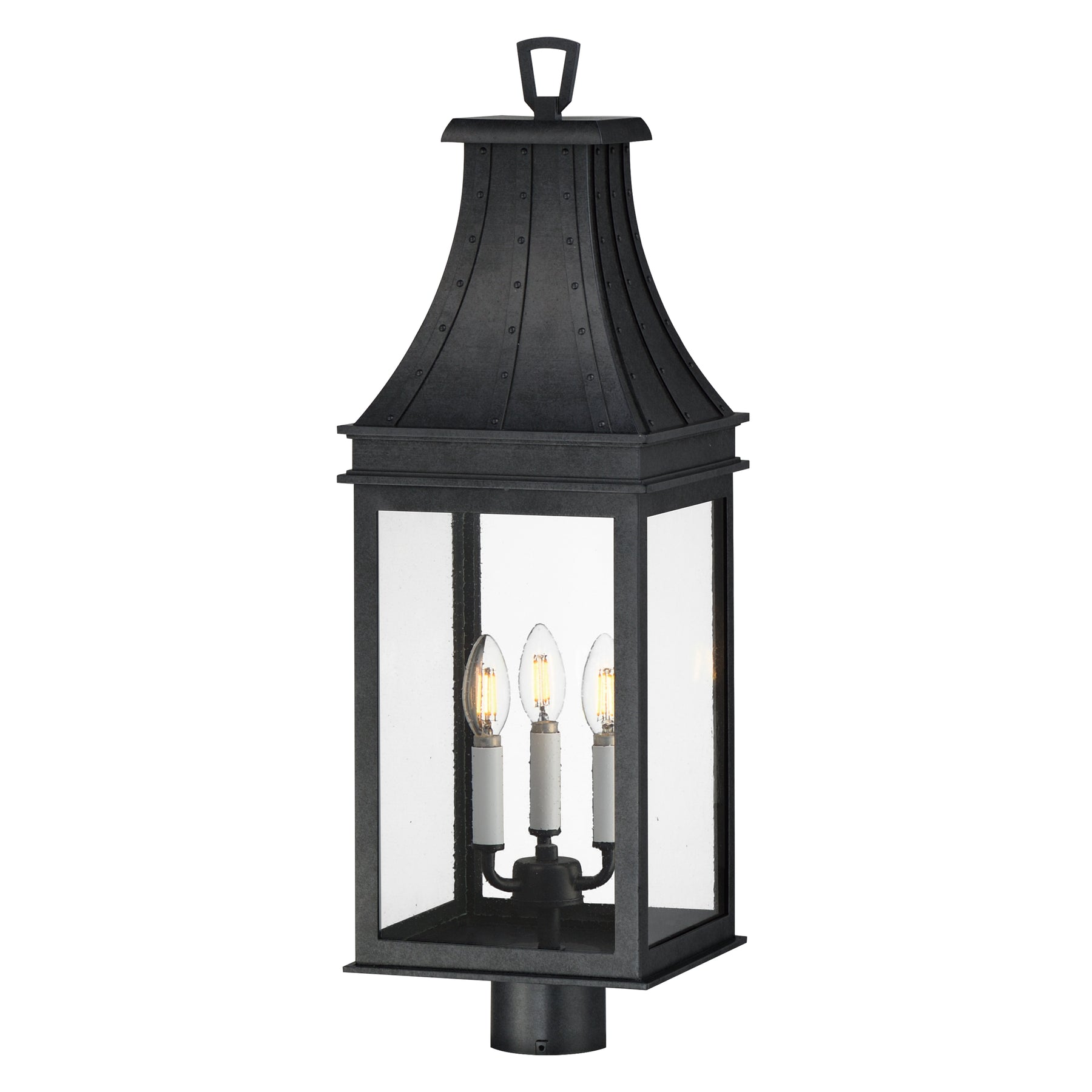 A black outdoor lantern-style wall light with three candle-style bulbs visible inside clear glass panels, shown against a plain white background.