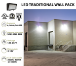 LED Traditional Wall Pack, 6348 Lumen Max, Wattage and CCT Selectable, 120-277V, Tempered Glass Lens