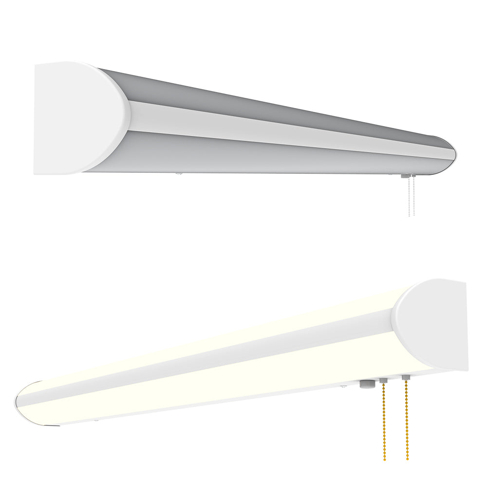 Two modern linear LED light fixtures shown on a plain white background, one in an unlit white state at the top and one in an illuminated warm white state at the bottom, both with pull chains visible.