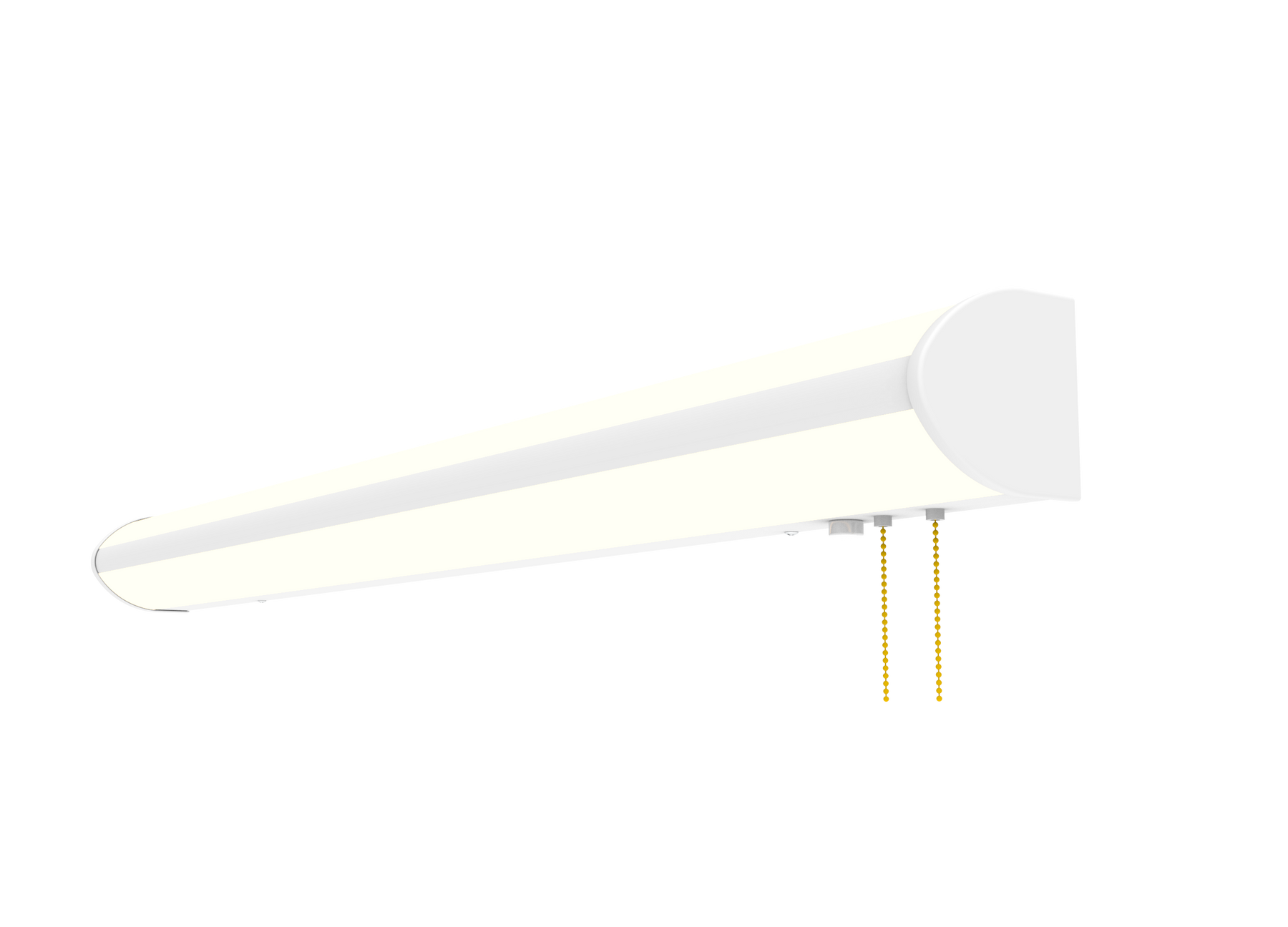 A long, slim white linear light fixture with a curved end cap and two hanging pull chains, shown on a plain white background.