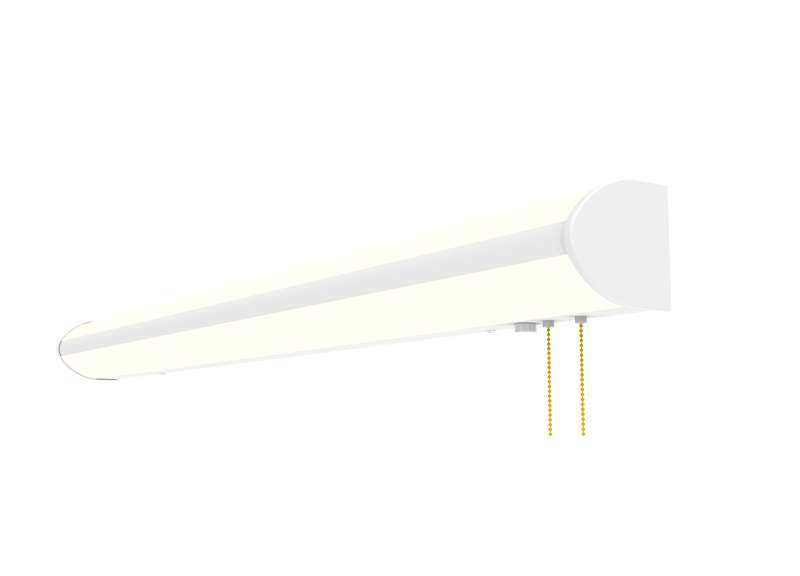 A long, slim white linear light fixture with a curved end cap and two hanging pull chains, shown on a plain white background.