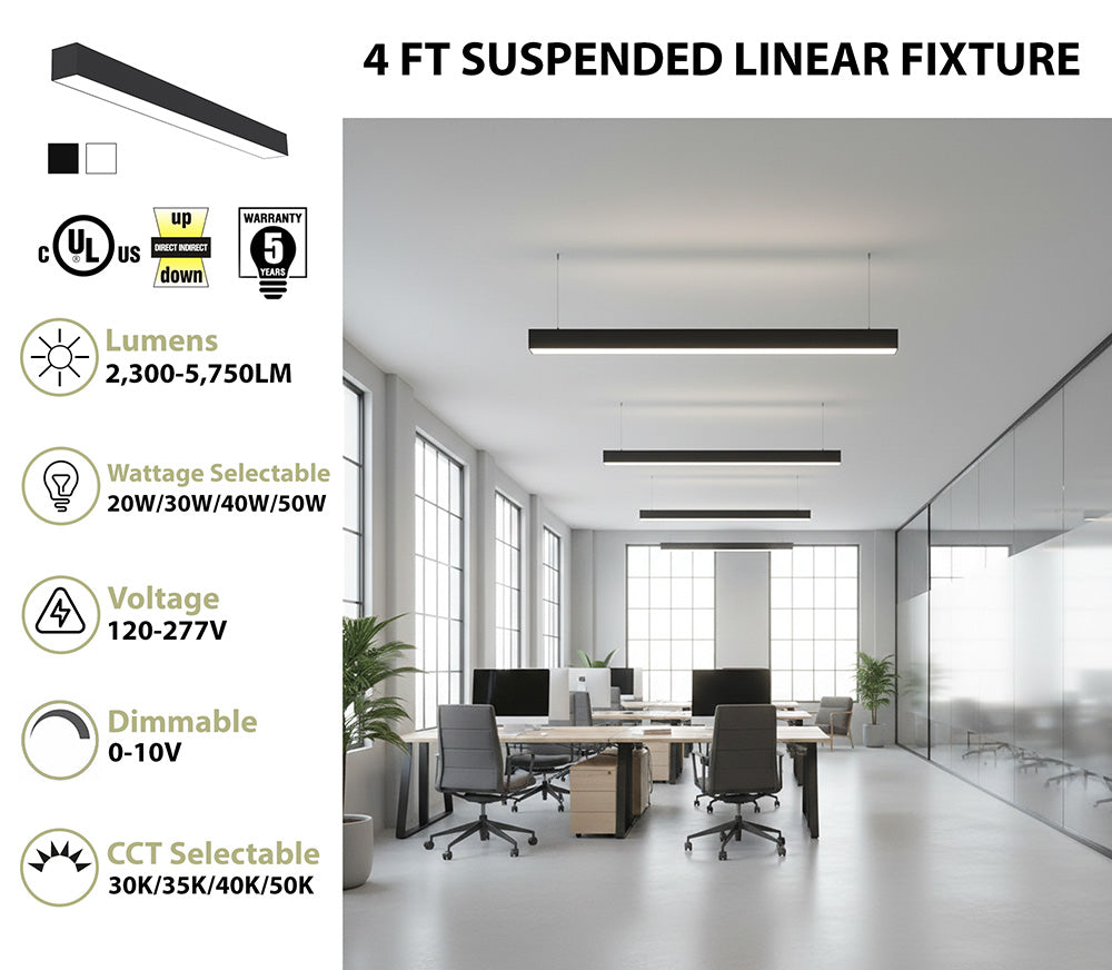 4 FT Suspended Linear Fixture with office interior background