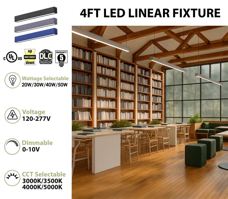4 FT LED Direct/Indirect Suspended Acoustic Linear Fixture, 5500 Lumen Max, Wattage and CCT Selectable, 120-277V, Dark Gray, Gray, or Royal Blue Finish