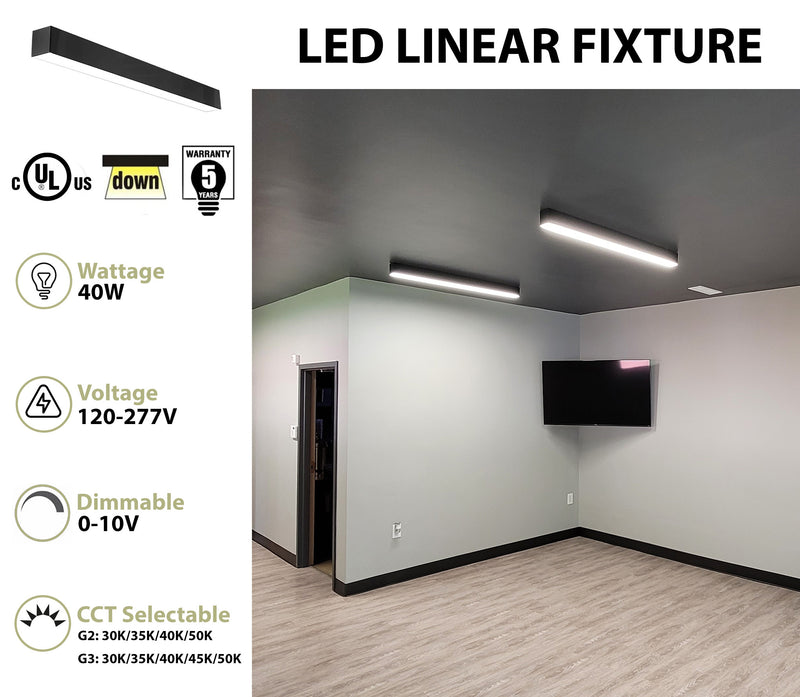4 FT LED Linear Fixture, 4800 Lumen Max, 40 Watt, CCT Selectable,  120-277V, Black, White or Silver Finish
