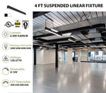 4 FT LED Direct/Indirect Suspended Linear Fixture, 2" Wide, 4600 Lumen Max, Wattage and CCT Selectable, 120-277V, White or Black Finish