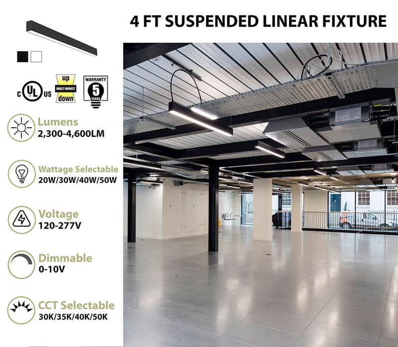 4 FT LED Direct/Indirect Suspended Linear Fixture, 2" Wide, 4600 Lumen Max, Wattage and CCT Selectable, 120-277V, White or Black Finish