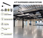 4 FT LED Direct/Indirect Suspended Linear Fixture, 2" Wide, 4600 Lumen Max, Wattage and CCT Selectable, 120-277V, White or Black Finish
