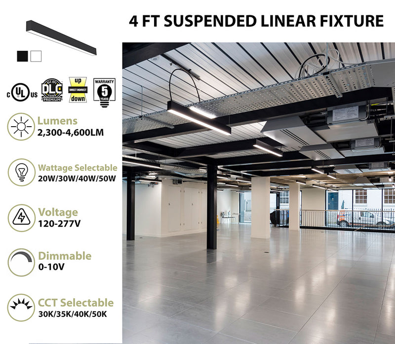 4 FT LED Direct/Indirect Suspended Linear Fixture, 2" Wide, 4600 Lumen Max, Wattage and CCT Selectable, 120-277V, White or Black Finish