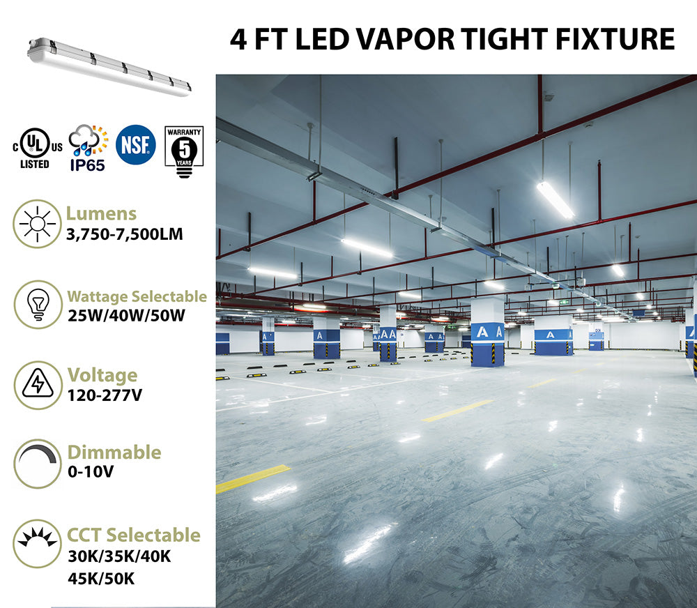 Silver 4ft led vapor tight fixture with ip65 rating and selectable cct and wattage for versatile lighting