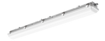 White rectangular 4ft led vapor tight fixture with metallic frame and evenly spaced mounting brackets for 120-277v use
