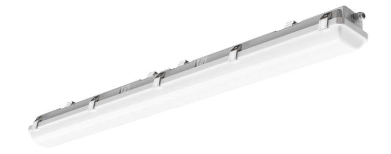 White rectangular 4ft led vapor tight fixture with metallic frame and evenly spaced mounting brackets for 120-277v use