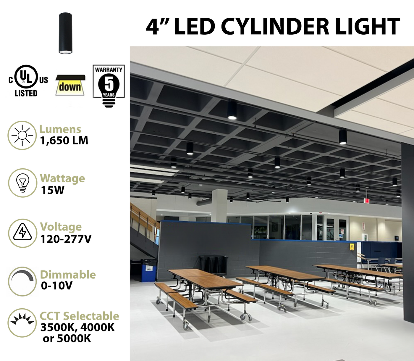 4" LED Architectural Cylinder Light Fixture, 1650 Lumens, 15W, CCT Selectable, 120-277V, Black Finish