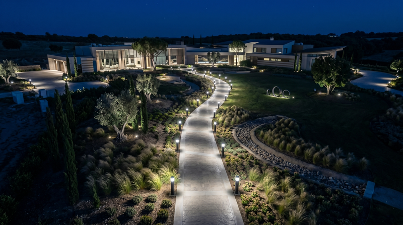 Modern minimalist mansion lit by commercial LED bollard light with cone reflector and selectable CCT in black exterior