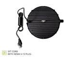 A black circular LED light fixture with a ribbed top cover, shown with its coiled power cord and NEMA 5-15 plug on a white background. Text at the bottom left reads '5FT CORD WITH NEMA 5-15 PLUG'.