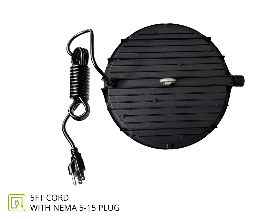 A black circular LED light fixture with a ribbed top cover, shown with its coiled power cord and NEMA 5-15 plug on a white background. Text at the bottom left reads '5FT CORD WITH NEMA 5-15 PLUG'.