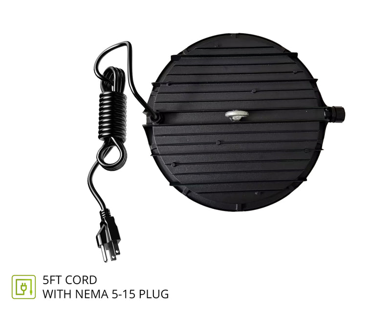 A black circular LED light fixture with a ribbed top cover, shown with its coiled power cord and NEMA 5-15 plug on a white background. Text at the bottom left reads '5FT CORD WITH NEMA 5-15 PLUG'.