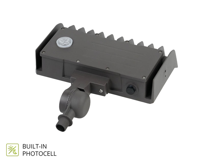 Black mini flood light with built-in photocell on a white background