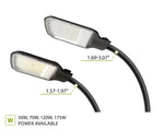 Two black LED street light fixtures with adjustable curved cables, shown on a white background with dimension labels and a text note indicating available power levels from 50W to 175W.