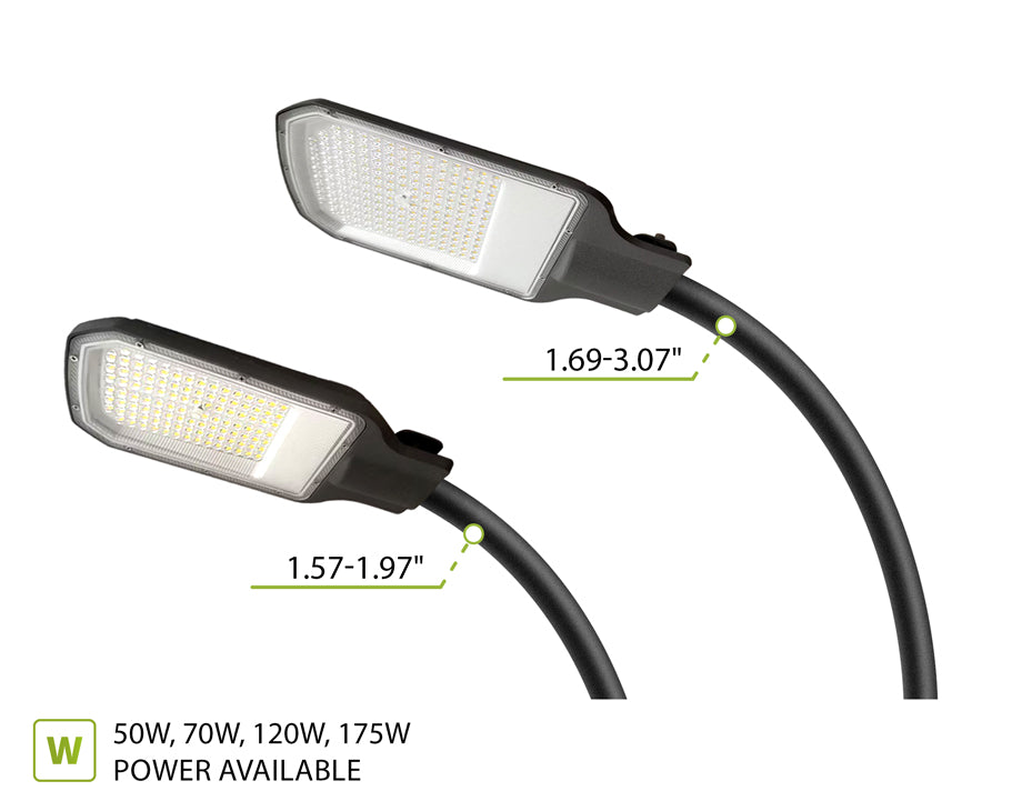 Two black LED street light fixtures with adjustable curved cables, shown on a white background with dimension labels and a text note indicating available power levels from 50W to 175W.