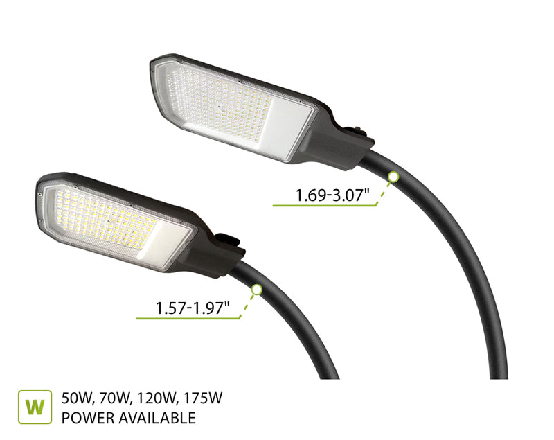 Two black LED street light fixtures with adjustable curved cables, shown on a white background with dimension labels and a text note indicating available power levels from 50W to 175W.