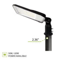 A black LED street light with a rectangular glowing lamp head and adjustable mounting pole, shown on a white background with a green measurement label reading 2.36" and text noting 50W, 120W power available.