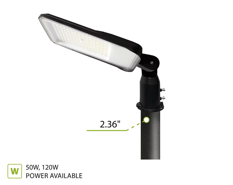 A black LED street light with a rectangular glowing lamp head and adjustable mounting pole, shown on a white background with a green measurement label reading 2.36" and text noting 50W, 120W power available.