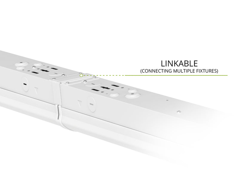 A close-up of a white linear light fixture showing its modular linkable connector section with text overlay 'LINKABLE (CONNECTING MULTIPLE FIXTURES)'.