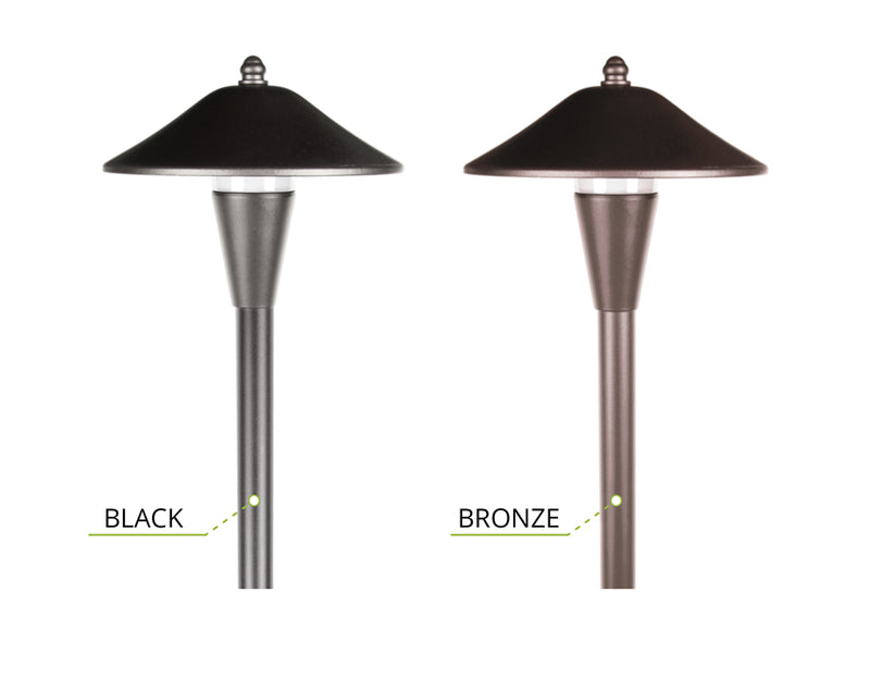 Black and bronze outdoor pathway lighting in a white background