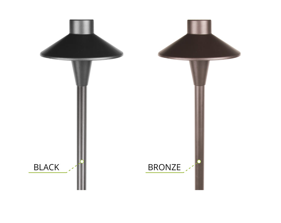 Black and bronze outdoor pathway lighting in a white background