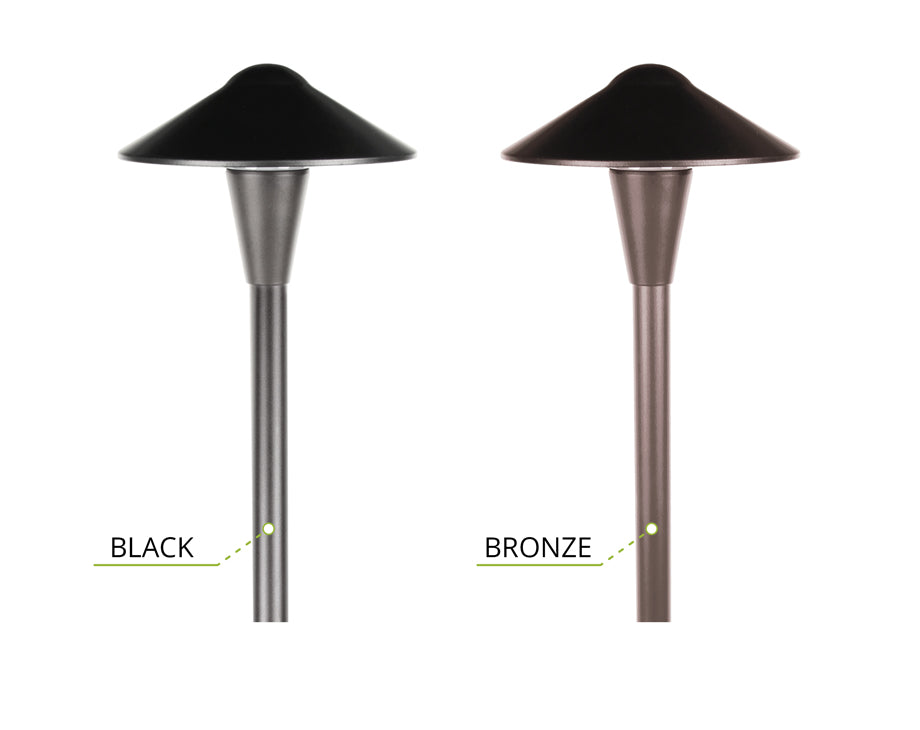 Black and bronze outdoor pathway light in a white background