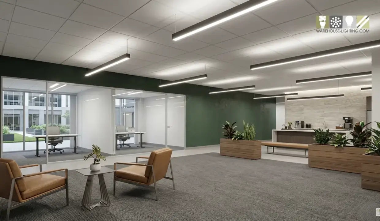 4FT LED suspended linear fixtures in black finish installed in a modern coworking space with wood accent walls