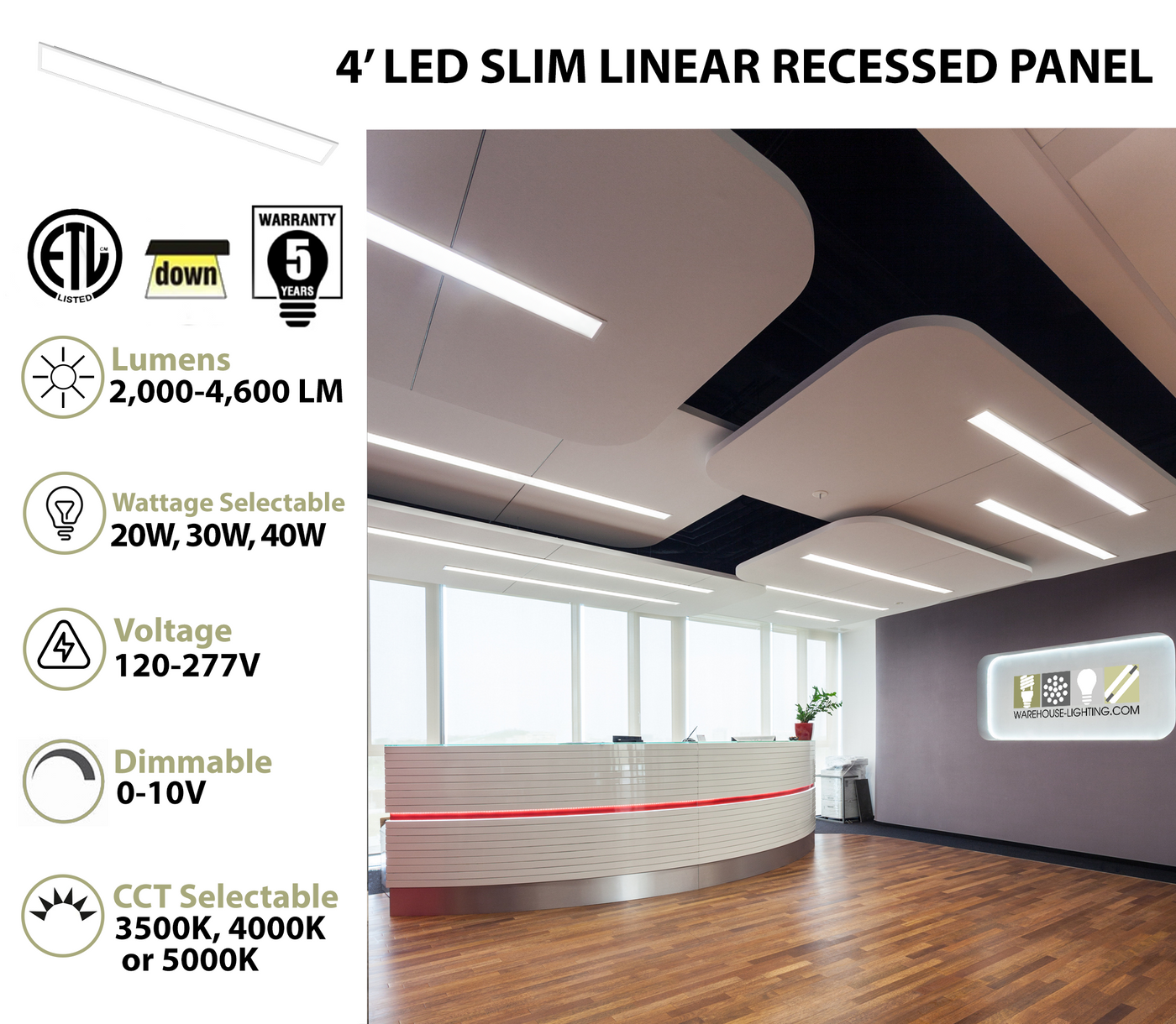 4FT LED Slim Linear Recessed Panel, 4600 Lumen Max, Wattage & CCT ...