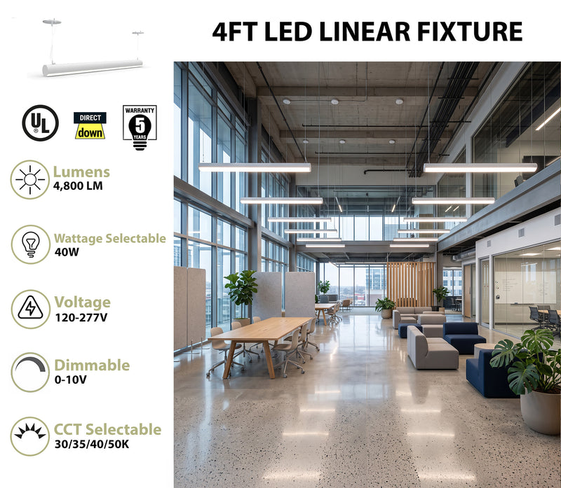 4 FT LED Suspended Linear Fixture G2, 4800 Lumen Max, 40W, CCT Selectable, 120-277V, White or Black Finish