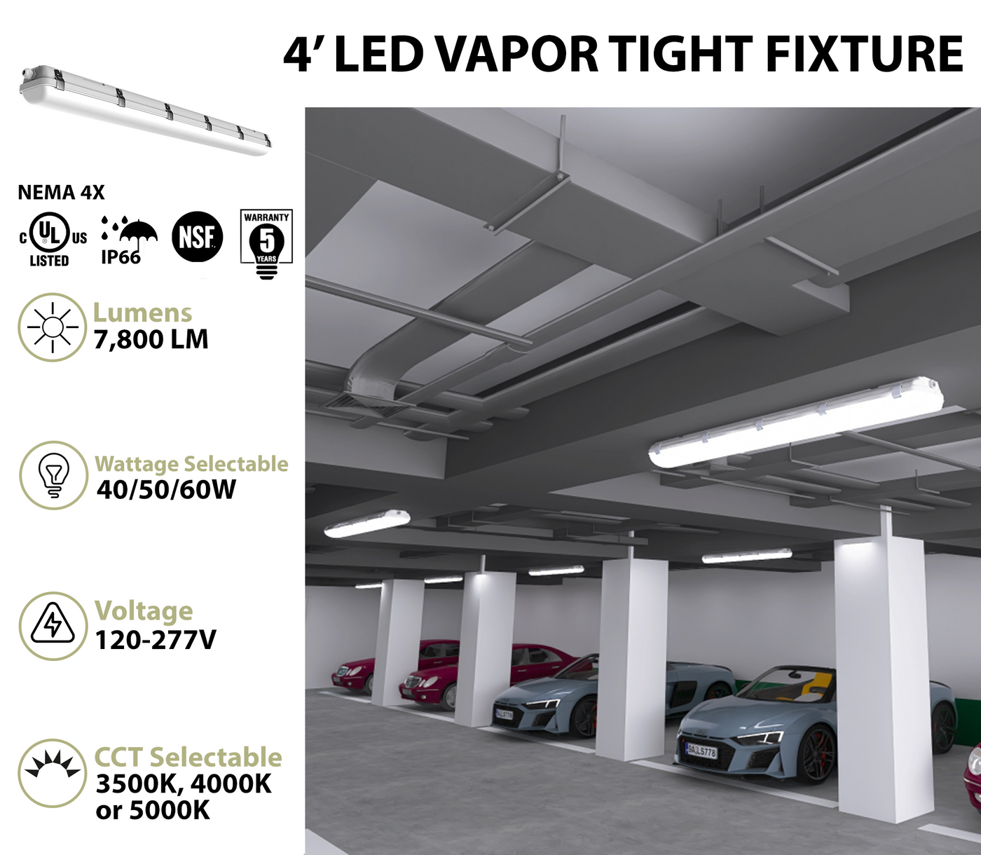 4FT LED Vapor Tight Fixture, 7800 Lumen Max, CCT and Wattage Selectable, 120-277V