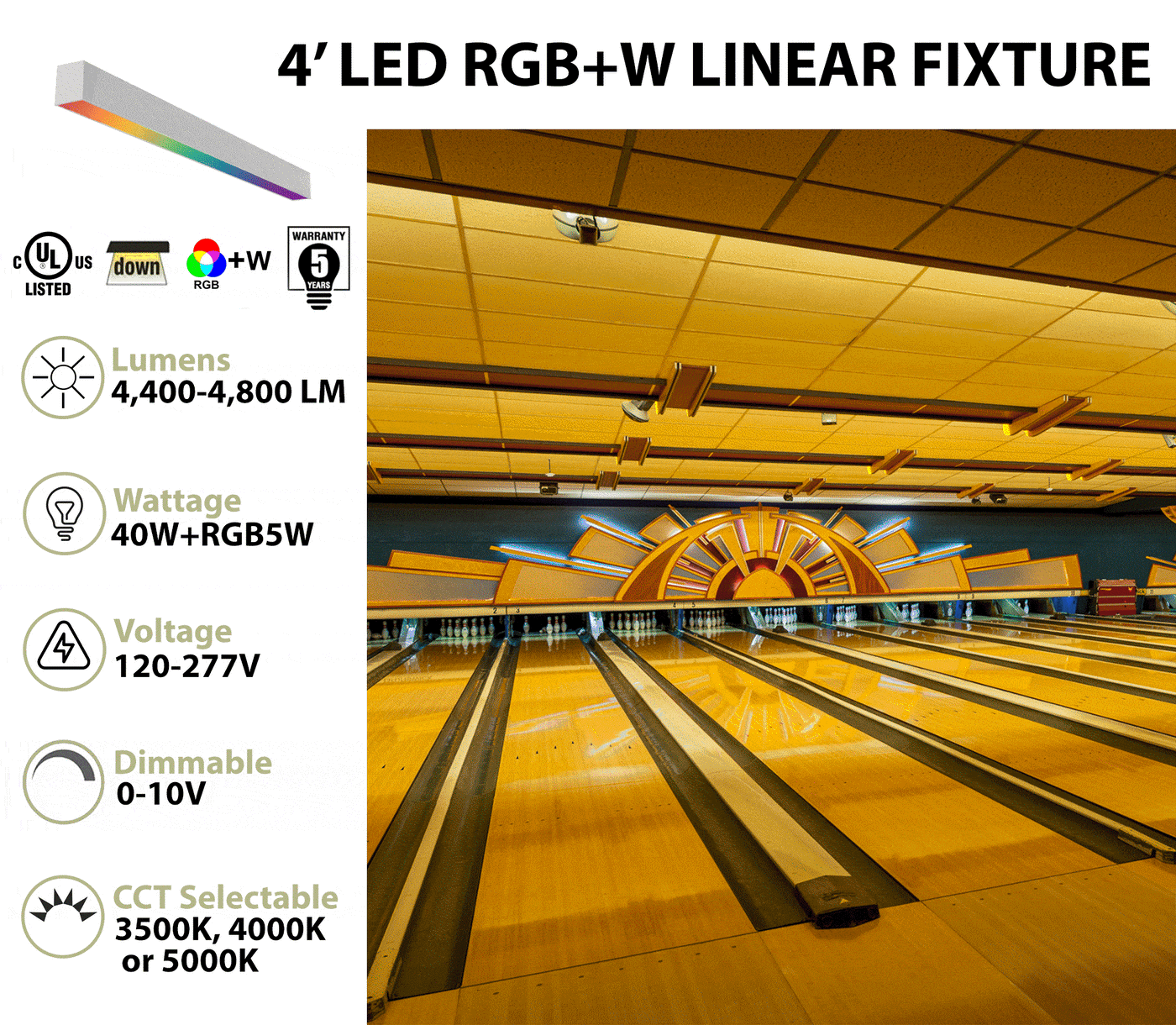 4FT LED RGBW Linear Fixture, 4800 Lumen Max, 40W, CCT Selectable, 120-277V, Black or White Finish