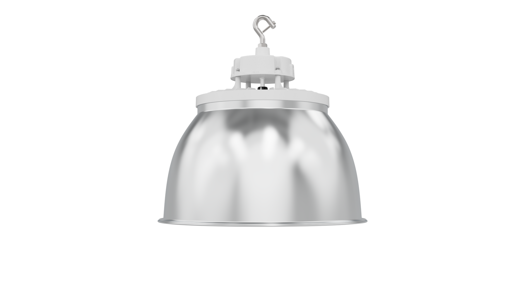 Industrial-style white high bay pendant light with reflective metallic dome and mounting hardware static led ufo model