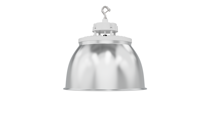 Industrial-style white high bay pendant light with reflective metallic dome and mounting hardware static led ufo model