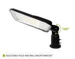 Black adjustable LED street light with a wall mount bracket, shown on a white background with a green 180-degree angle indicator and text reading 'ADJUSTABLE POLE AND WALL MOUNT BRACKET'.