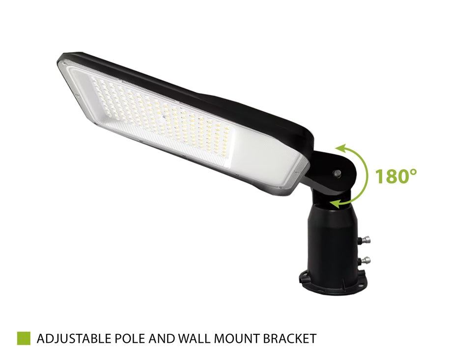 Black adjustable LED street light with a wall mount bracket, shown on a white background with a green 180-degree angle indicator and text reading 'ADJUSTABLE POLE AND WALL MOUNT BRACKET'.