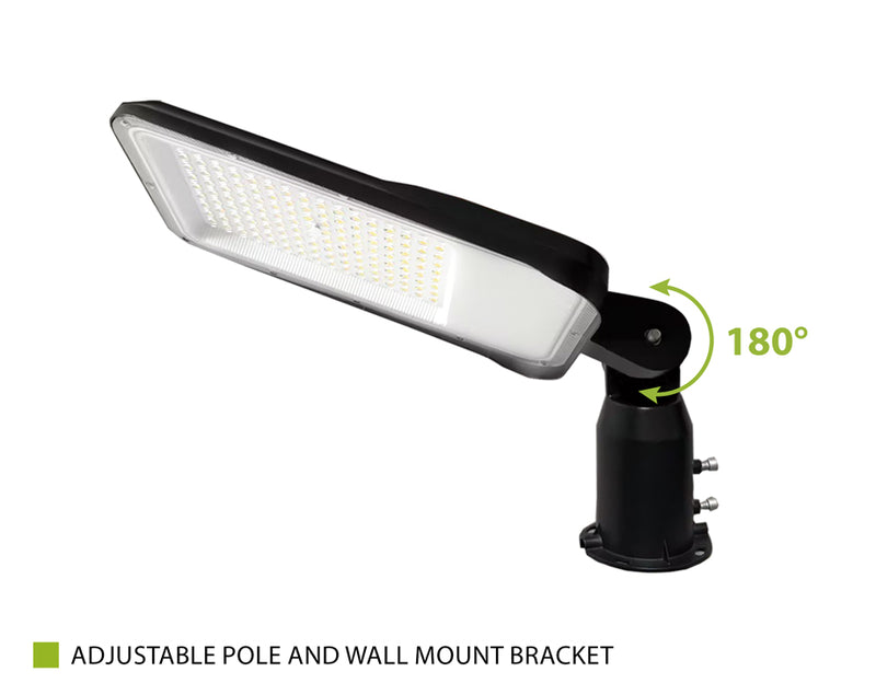 Black adjustable LED street light with a wall mount bracket, shown on a white background with a green 180-degree angle indicator and text reading 'ADJUSTABLE POLE AND WALL MOUNT BRACKET'.