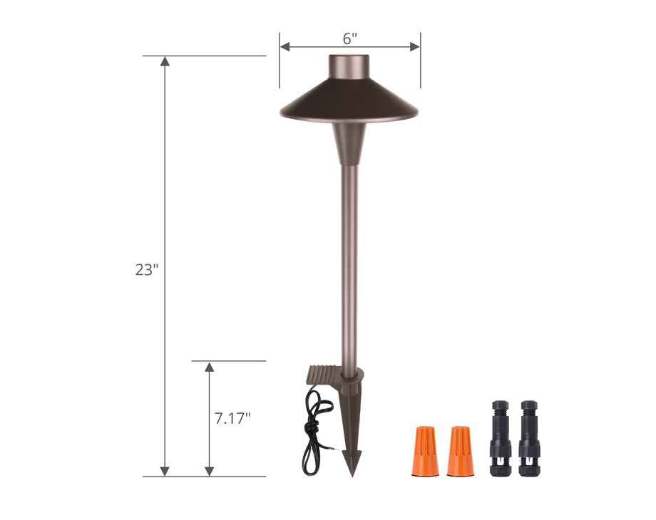 Bronze outdoor pathway lighting with labels on it in a white background