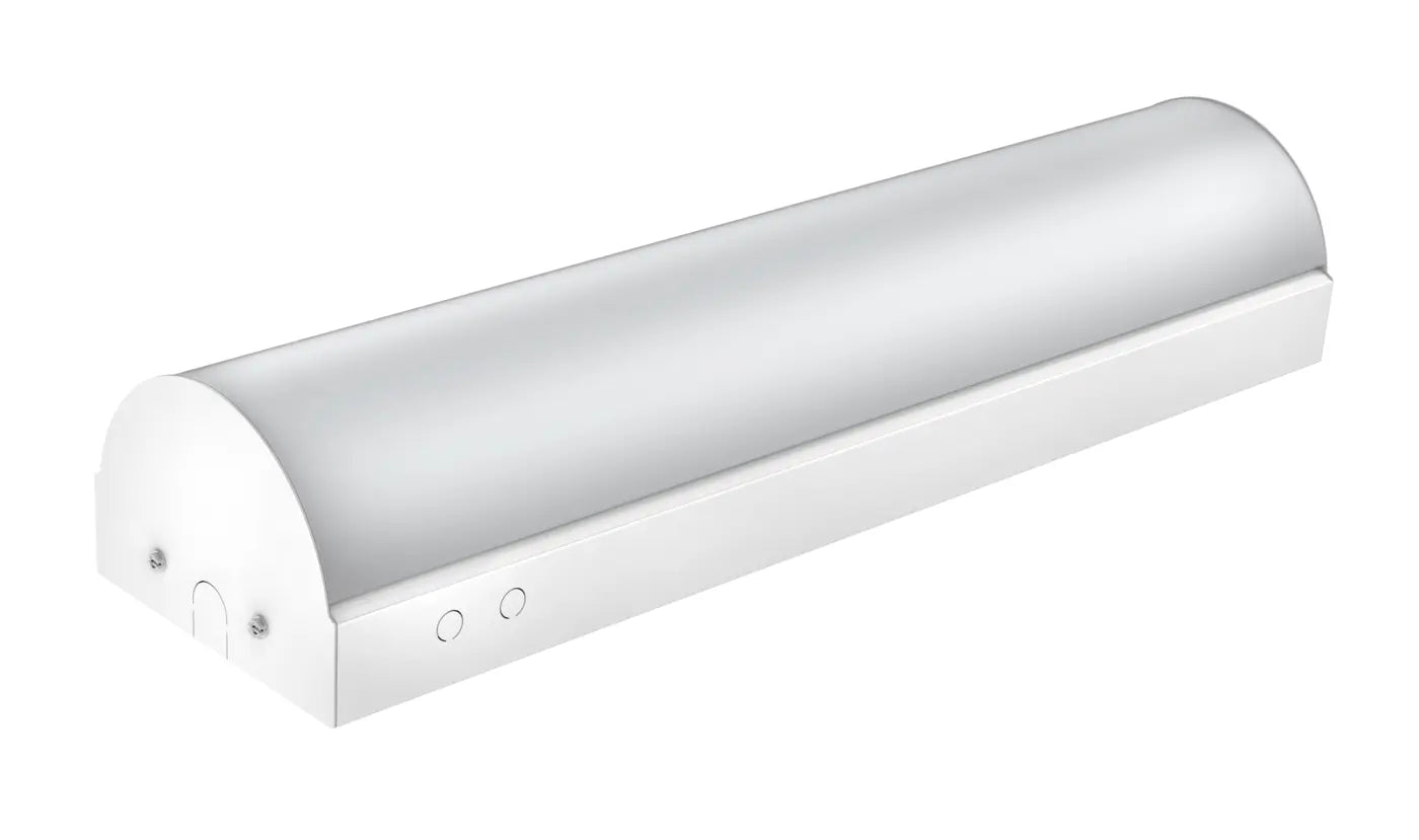 Silver cylindrical under-cabinet light with smooth metallic finish for 48 inch corridor stairway retrofit with selectable wattage and cct