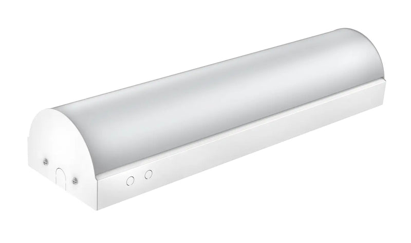 Silver cylindrical under-cabinet light with smooth metallic finish for 48 inch corridor stairway retrofit with selectable wattage and cct